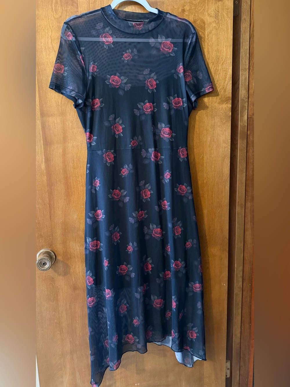Black Midi Dress with Red Rose Pattern